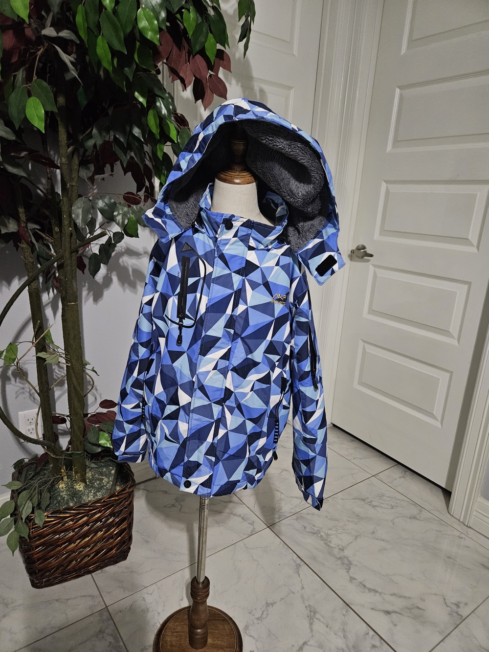 Kids Blue Geometric Hooded Raincoat